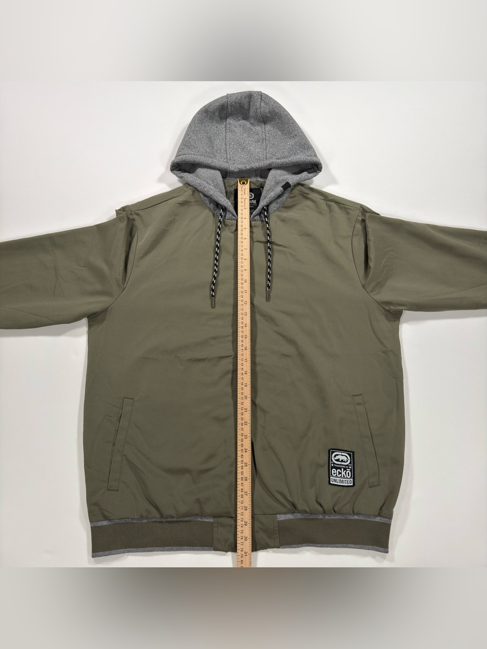 Ecko Unltd Mens Hooded Bomber Jacket Size XL Olive Green Full Zip Windbreaker - Picture 11 of 11